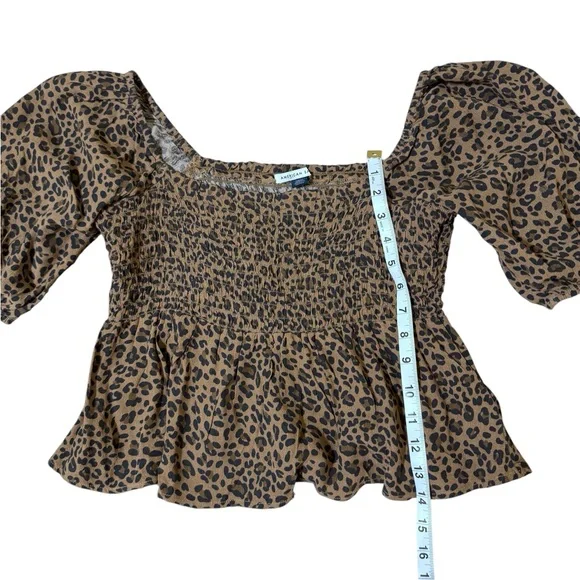 American Eagle Outfitters Brown Leopard Off-Shoulder Smocked Peplum Top - Picture 3 of 7